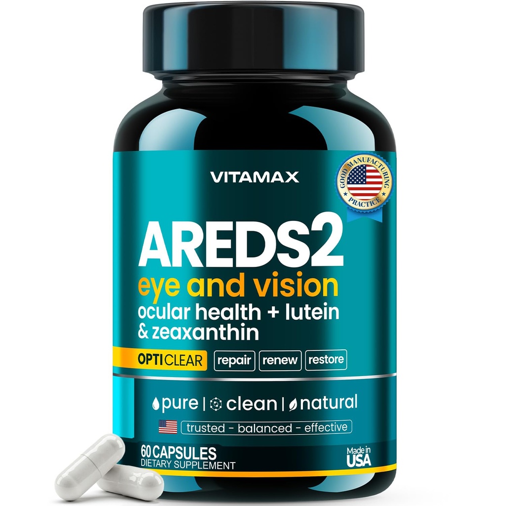 AREDS 2 Vitamines oculaires - Lutéine, Zeaxanthine, Bilberry, Astaxanthine Mineral Vision Supplement - Supporte la souche oculaire, les yeux secs, la pression et la santé de la vision - Fabriqué aux États-Unis - 60ct