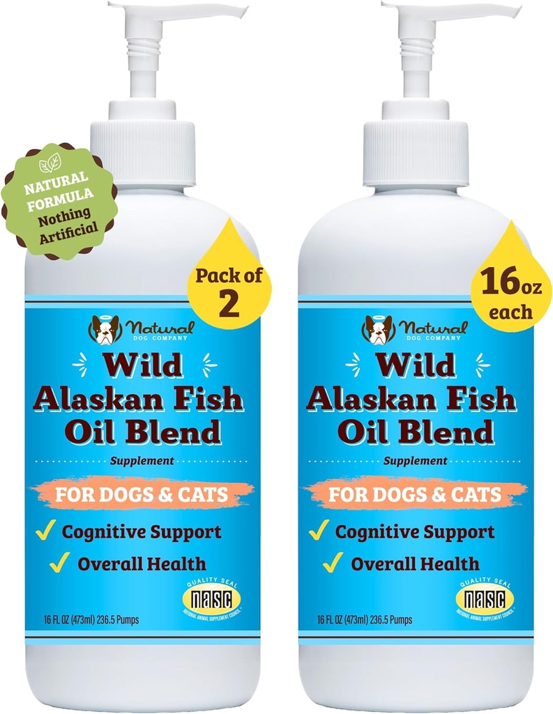 Natural Dog Company 2 Pack - 16 oz. Huile de poisson sauvage de l'Alaska pour chiens et chats, mélange d'huile de Pollock et de saumon sauvage pour chiens, Omega 3 pour chiens, pour familles de chiens multiples, grands chiens de race, 32 oz. Valeur