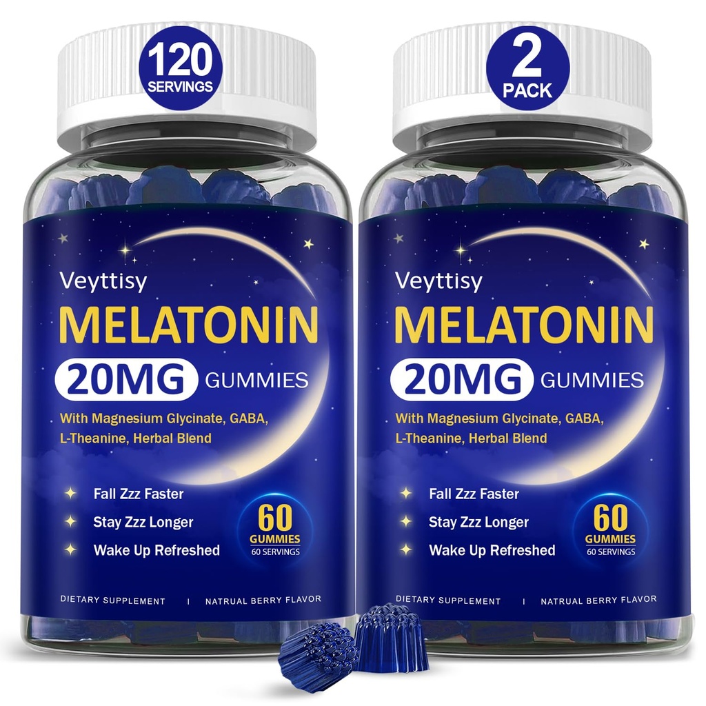 Melatonin 20mg Gummies for Adults - Max Strength Melatonin Gummy Supplement with Magnesium Glycinate, B6, B12, L-Theanine, GABA, & Herbs - Non-Habit Forming, Vegan, Natural Mixed Berry Flavor
