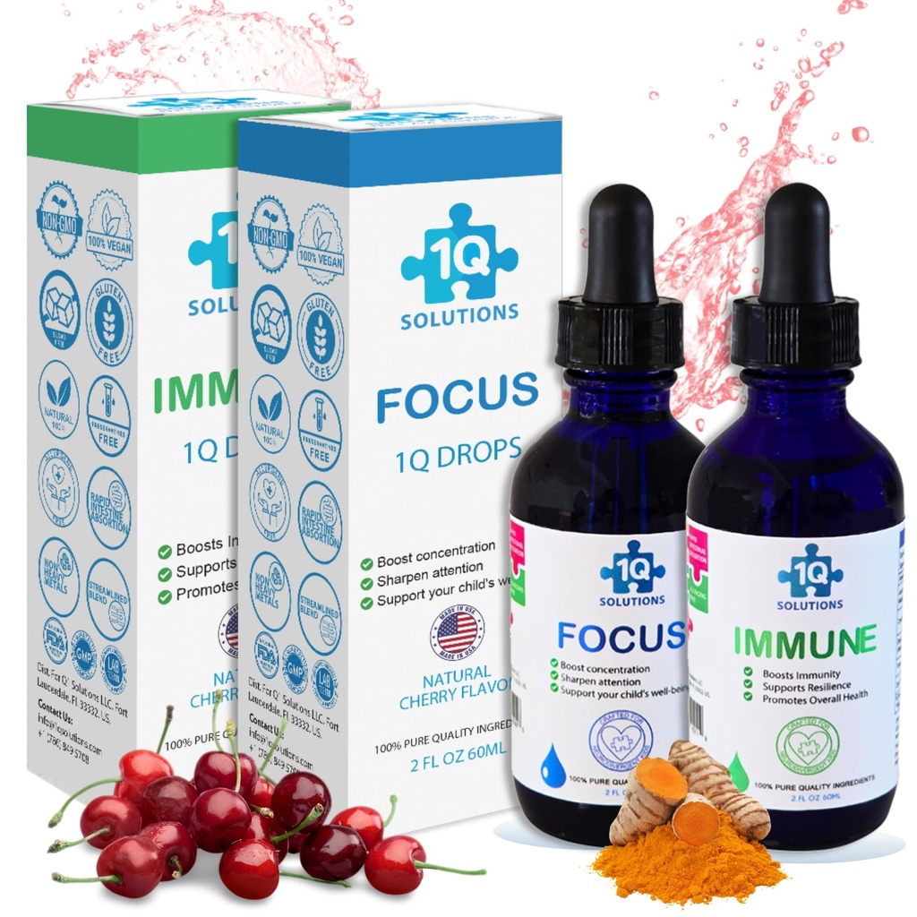 Focus + Immune All-in-One Kids Health Support | 2 Liquid Supplements | 100% Natural, Sugar Free, Vegan, Gluten Free & Non-GMO | Loved by Moms: Clean, Safe & Easy-to-Take for Children