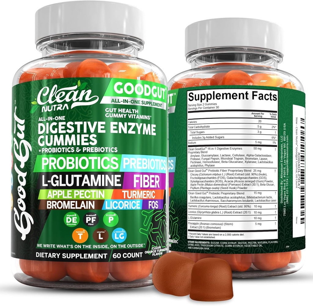 Nutraceutiques propres Enzymes digestifs avec probiotiques et prébiotiques pour la santé digestive Gummies et L-Glutamine pour la santé Gut Bromelain Pectine Inuline FOS Vitamines à base végétale Gummy