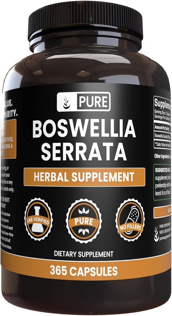 Ingrédients originaux purs Boswellia Serrata (365 Capsules) Pas de Magnésium ou de Rice Fillers, Toujours Pure, Verified Lab