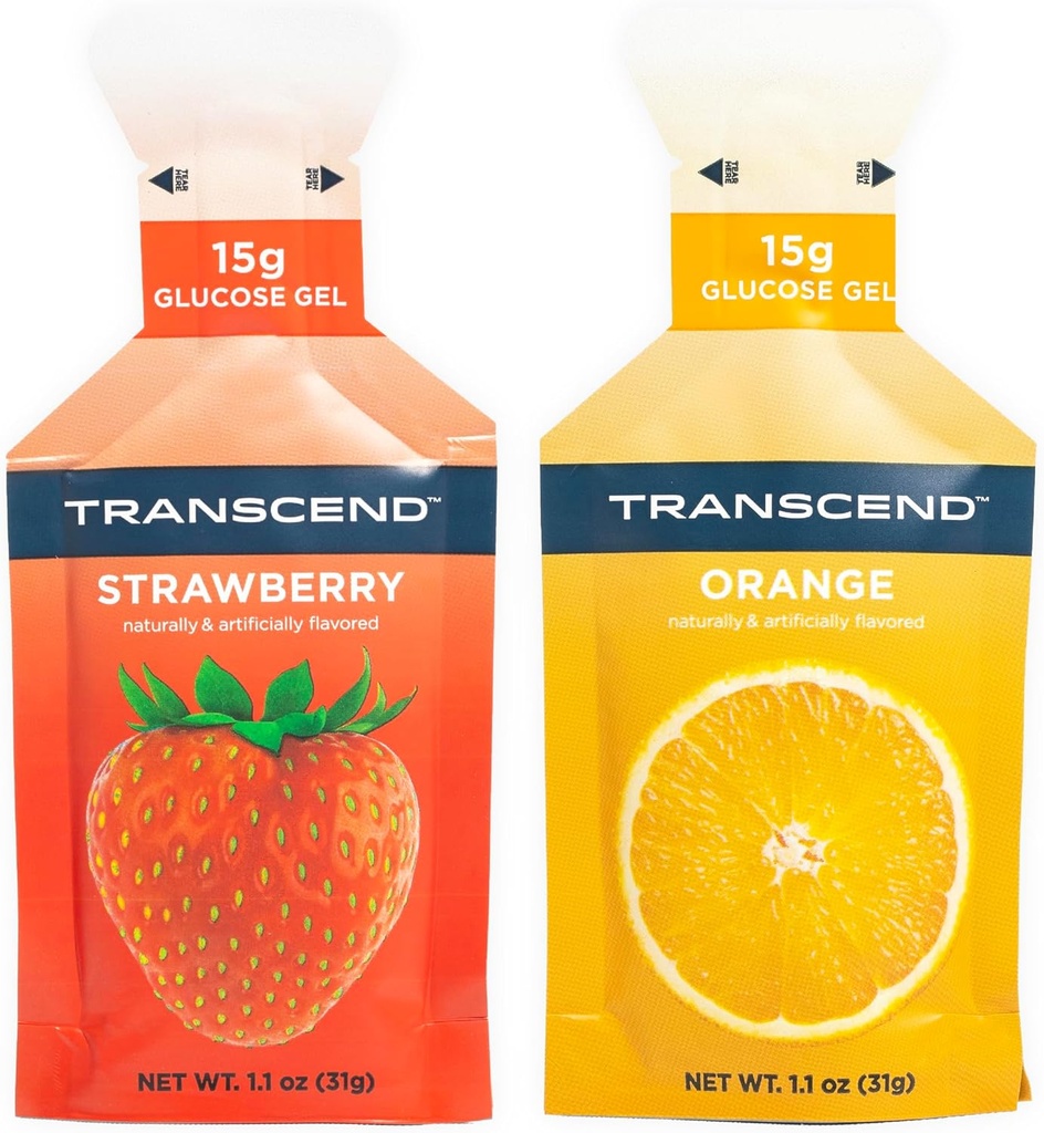 Transcend Foods Fraise + Gels d'orange (1,1 oz, paquet de 10) Gel de carbure à action rapide Fraise et saveur d'orange – sans caféine, sans gluten