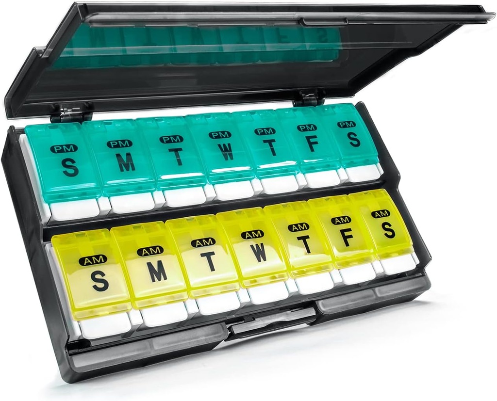 Extra Large Weekly Pill Organizer 2 fois par jour - Remettre Am/Pm Daily Pill Case Medicine Organizer, Push Button 7 Day Pill Box for Pills/Vitamine/Cod Liver Oil/Supplements (Cyan & Yellow)