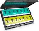 Extra Large Weekly Pill Organizer 2 fois par jour - Remettre Am/Pm Daily Pill Case Medicine Organizer, Push Button 7 Day Pill Box for Pills/Vitamine/Cod Liver Oil/Supplements (Cyan & Yellow)