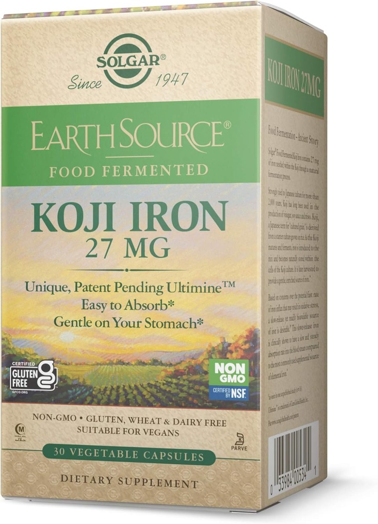 Solgar Earth Source Food Fermented Koji Fer 27mg, 30 Capsules végétales - Absorption plus élevée, fer à libération lente - Doucement sur l'estomac - Non-OGM, végétalien, sans gluten, sans laiterie, casher - 30 portions