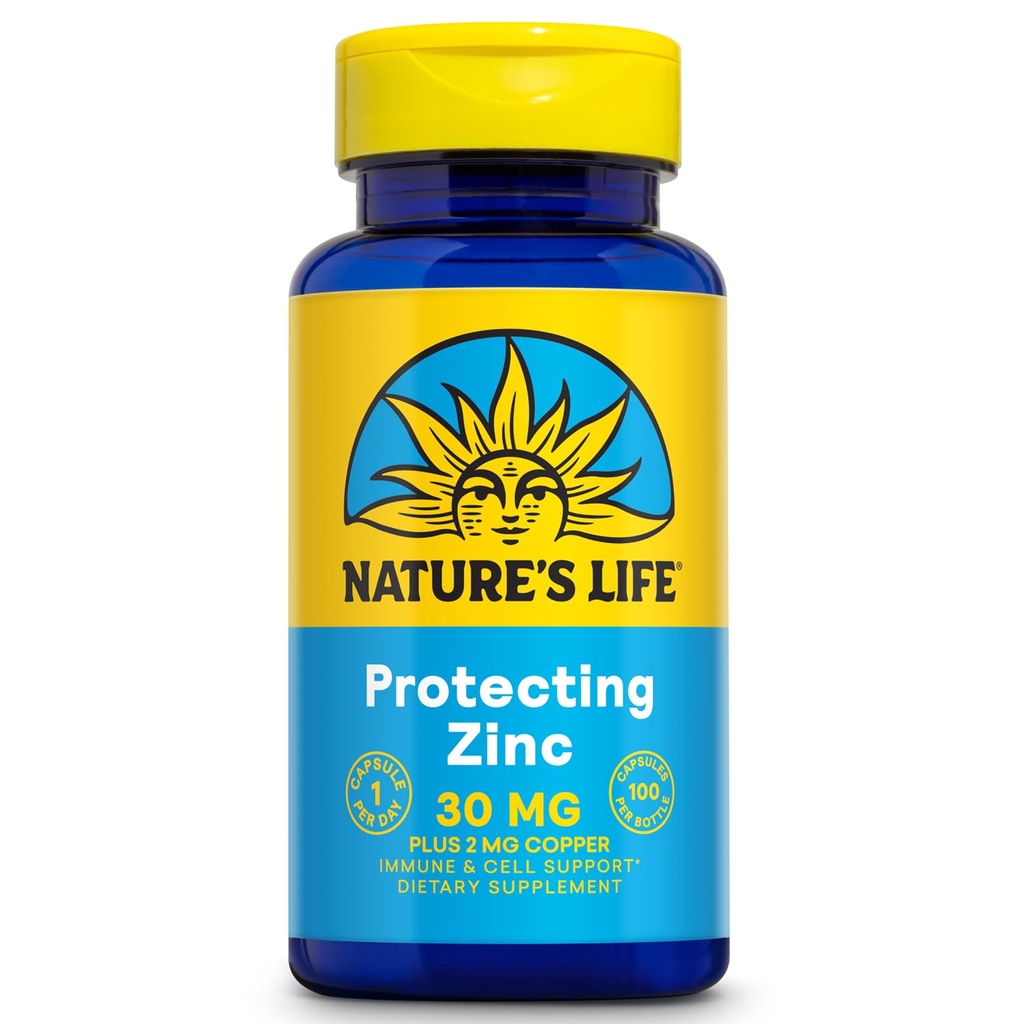 Nature's Life Picolinate de zinc 30mg Plus 2mg de cuivre - Supplément de zinc chélaté pour le soutien immunitaire, cardiovasculaire, cutané, cellulaire et musculaire - Garantie de 60 jours - 100 portions, 100 capsules