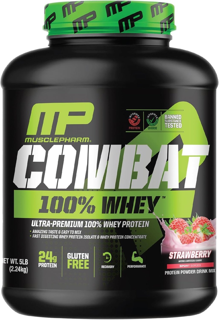 MusclePharm Combat 100% poudre de protéines de lactosérum, crème de fraise, récupération rapide et gain musculaire avec l'isolat de protéines de lactosérum, poudre de protéines haute pour les femmes et les hommes, sans gluten, 5 lb, 70 portions