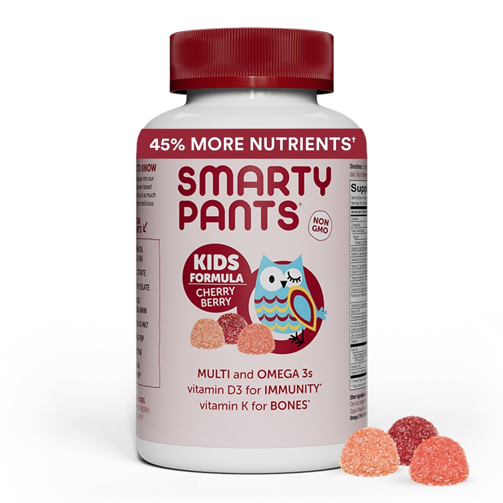 SmartyPants Gommies multivitamine pour enfants : Huile de poisson Oméga 3 (EPA/DHA), Vitamine D3, C, Vitamine B12, B6, A, K & Zinc pour le soutien immunitaire, Biotine, Raisin, cerise et arômes de baies, 120 Compte (30 jours)