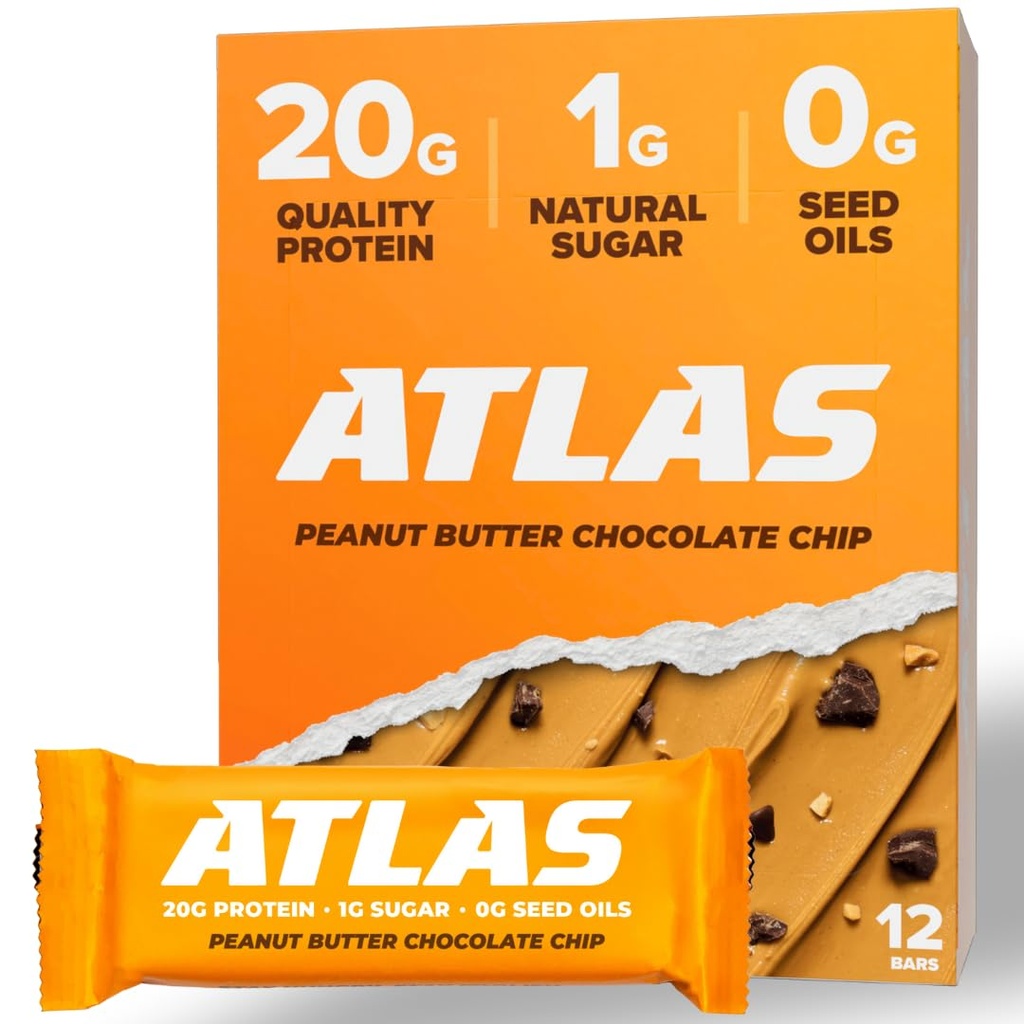 Atlas Bar – 20g de protéines, 1g de sucre, 0g d'huiles de graines, 0g d'édulcorants artificiels (Peanut Butter Chocolate Chip, 12 comte)