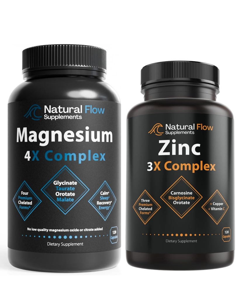 Natural Flow 4X Magnesium Complex and 3X Zinc Supplement Complex with Copper and Vitamin C, Chelated High Absorption Supplements, 120 Capsules Each