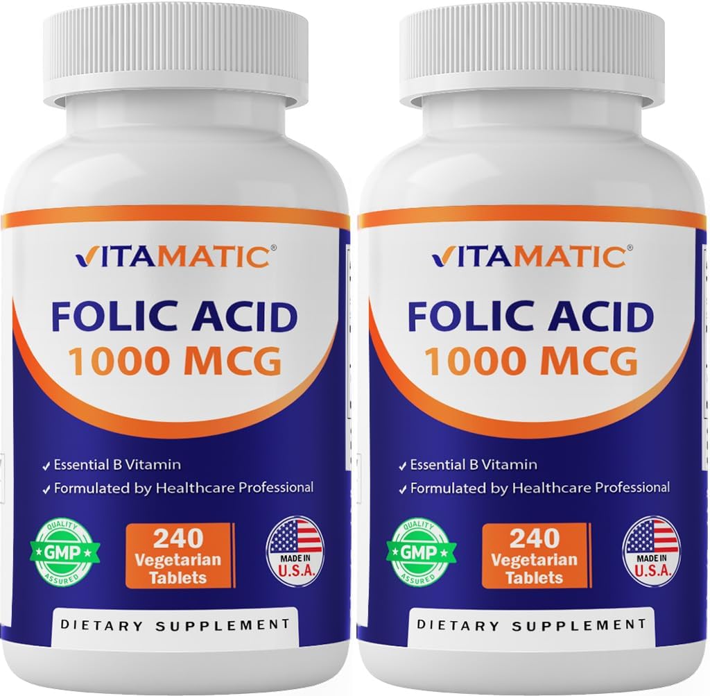 Acide folique vitamatique 1000 mcg (1 mg) – 240 comprimés végétariens (paquet de 2) 1667 mcg DFE – Vitamine B9 pour la santé prénatale, cardiaque et cellulaire
