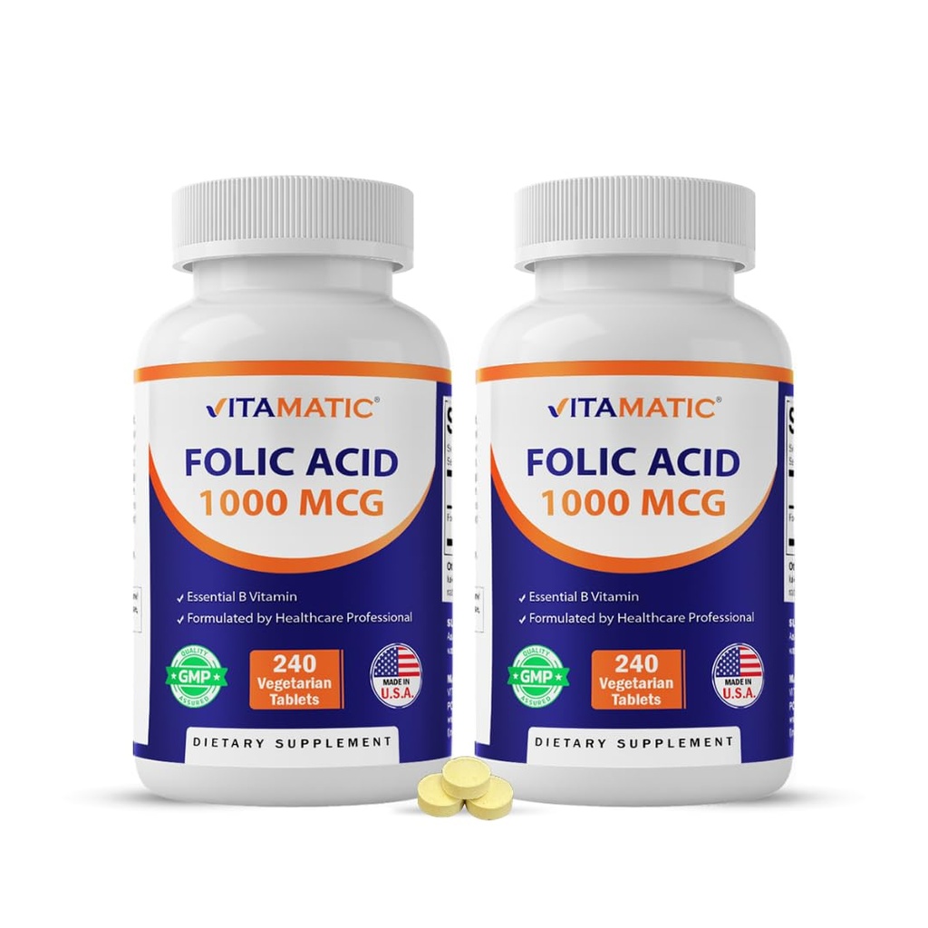 Acide folique vitamatique 1000 mcg (1 mg) – 240 comprimés végétariens (paquet de 2) 1667 mcg DFE – Vitamine B9 pour la santé prénatale, cardiaque et cellulaire