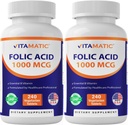 Acide folique vitamatique 1000 mcg (1 mg) – 240 comprimés végétariens (paquet de 2) 1667 mcg DFE – Vitamine B9 pour la santé prénatale, cardiaque et cellulaire