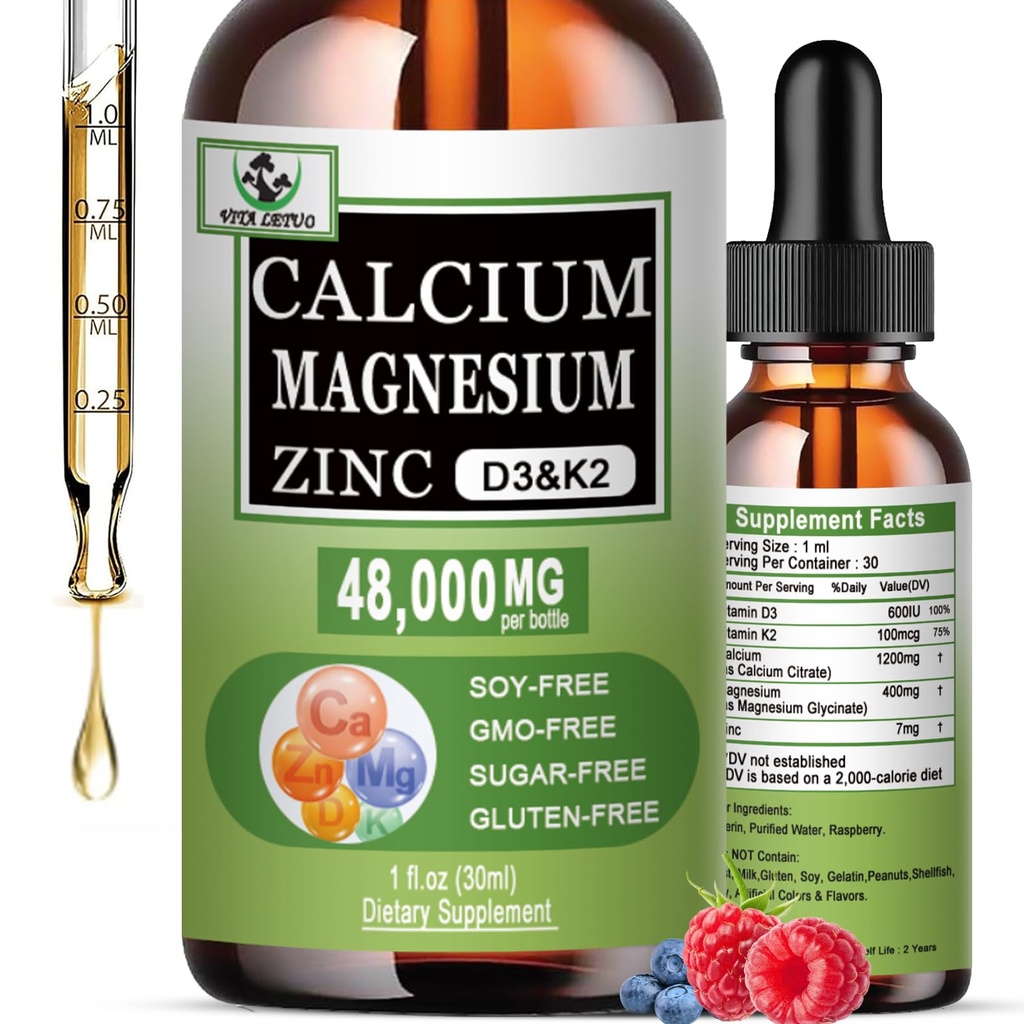 Calcium Magnesium Zinc Drops, 1200mg Calcium with Vitamin D3 K2 Magnesium for Bone,Teeth,Colon,Cardiovascular Health, High Absorption Liquid Calcium Supplement, Gluten Free,Non GMO