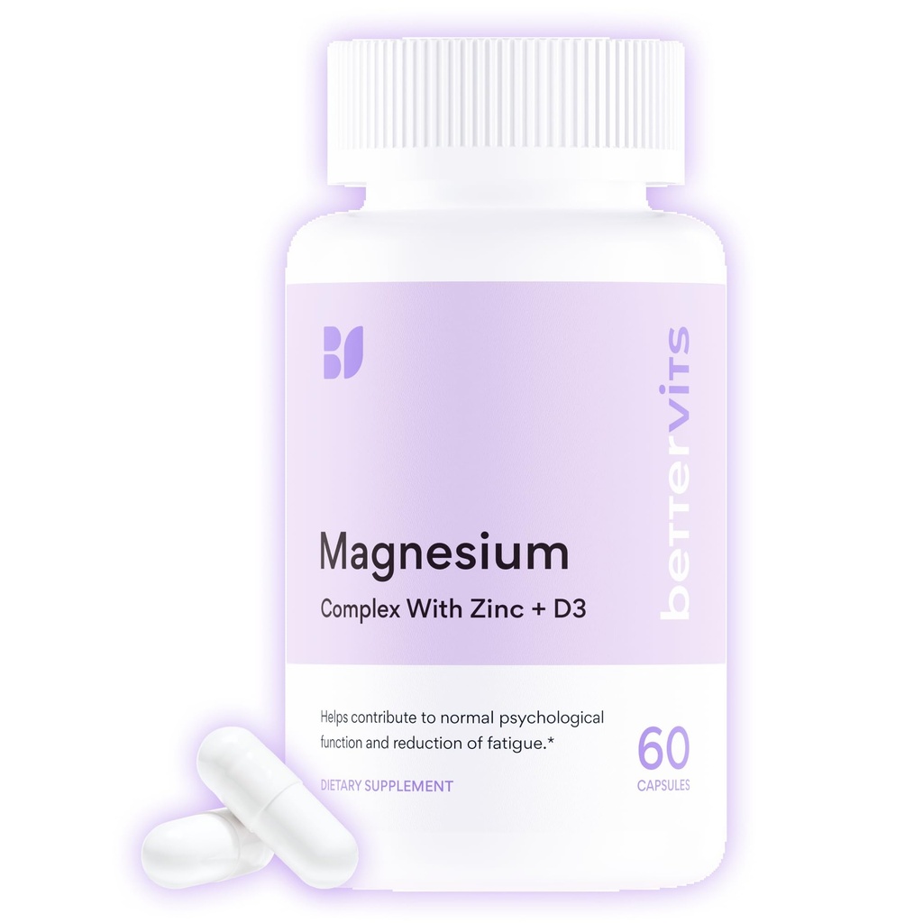 Bettervits Magnesium Glycinate Complex with Citrate Malate Zinc & Vitamin D3 | High Absorption Pure Magnesium 225mg Supplement Chelated Formula for Muscle Relaxation, Sleep Support – 60 Capsules
