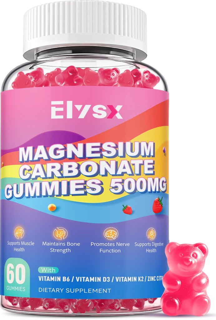 Magnesium Carbonate 500mg Gummies, Chewable Magnesium Supplement for Women & Adults, Magnesium with D3 & K2, B6 & Zinc Citrate, Nervous, Muscle, Heart, Bone, Gut Health, Strawberry Flavor, 60 Ct