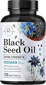Black Seed Oil Softgels 1000mg - Premium Nigella Sativa Blackseed, Pure Natural Black Cumin Seed Oil & Antioxydant pour la peau et l'immunité Support - Non OGM, mis en bouteille aux États-Unis Supplément - 120 Softgels