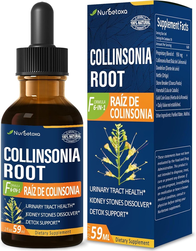 Collinsonia (Stone Root) gouttes pour la santé du trac urinaire, supplément de formule à base de plantes naturelles avec/Stone Breaker Chanca Piedra Extract Support Pierres rénales Dissolver & Detox Cleanse. 2oz