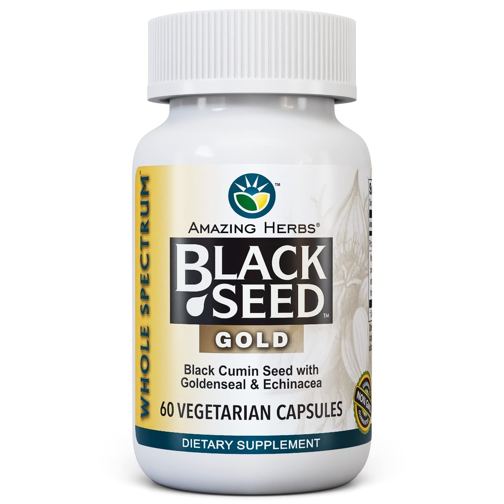 Amazing Herbs Whole Spectrum Black Seed Gold - Black Cumin Seed with Goldenseal & Echinacea, Gluten-Free & Non-GMO, Immune Support, Promotes Health & Wellness - 60 Count