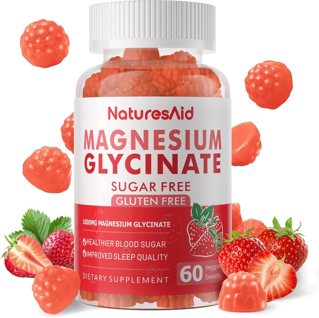 Glycinat de magnésium Gommies 1000mg - Supplément de potassium de magnésium sans sucre avec la vitamine D, B6, CoQ10 pour l'humeur calme et le soutien du sommeil - 60 Gommies de fraise -1 Pack