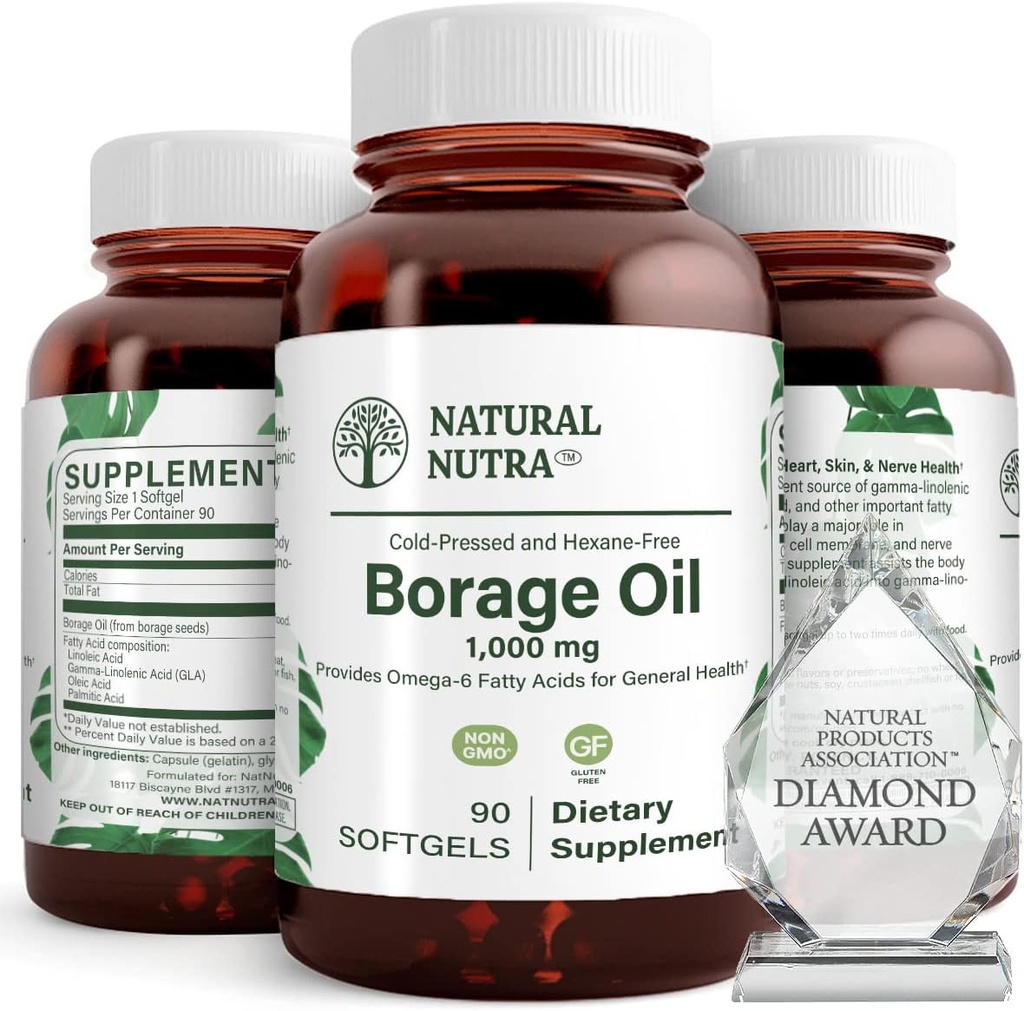 Natural Borage Oil Supplement – Rich in Gamma-linolenic Acid (GLA), A Potent Omega-6 Essential Fatty Acid Known for Supporting Skin, Nerve, and Joint Health 90 Softgels.