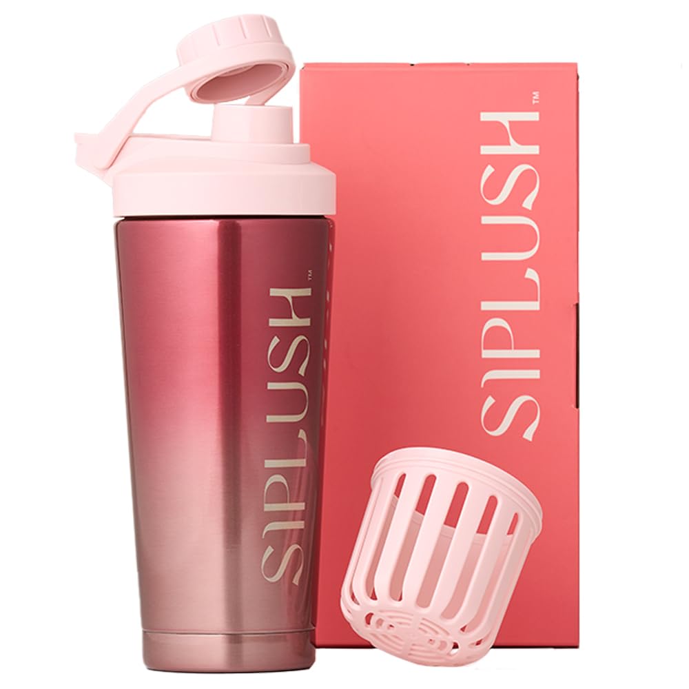 Paradise Shaker Bottle, 24 oz, Insulated Stainless Steel Protein Shaker, Smoothie and Pre Workout for Women, with Leakproof Twist-Off Chug Cap, Quiet Mixing, Pink Ombre, Pismo Sunset
