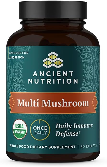 Supplément de champignons de la nutrition antique, Comprimé de soutien immunologique multimusculaire biologique, soutient la réponse au stress, sans gluten, paléo et kéto, 60 comte
