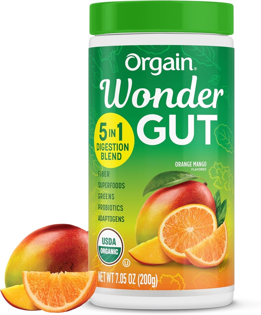 Poudre de supplément de fibre de Gut Wonder biologique, 5 en 1 Mélanger avec 1 milliard de probiotiques, Verts, Vitamine C, Adaptogènes pour Gut Health et Immune Support, Non-OGM, Mangue orange, 7,05 oz
