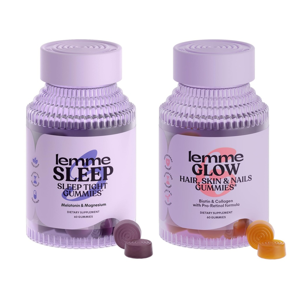 Lemme Sleep & Glow Bundle - Sleep Gummies, une aide de nuit sans drogue & Glow Biotin & Collagen Gummies cheveux pour les cheveux forts, épais et réduit - sans gluten/gélatine, sans OGM - 60 Ct. Chaque