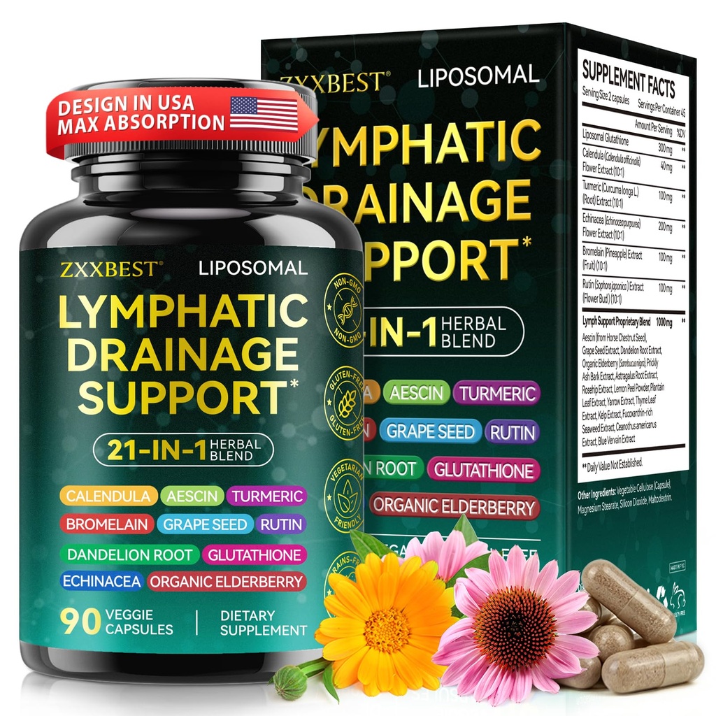 Lymphatic Drainage Supplements, Lymphatic Drainage Capsules - Wellness Complex 21 in 1 Aescia, Turmeric, Bromelain, Echinacea & More - Lymph System Support Capsules