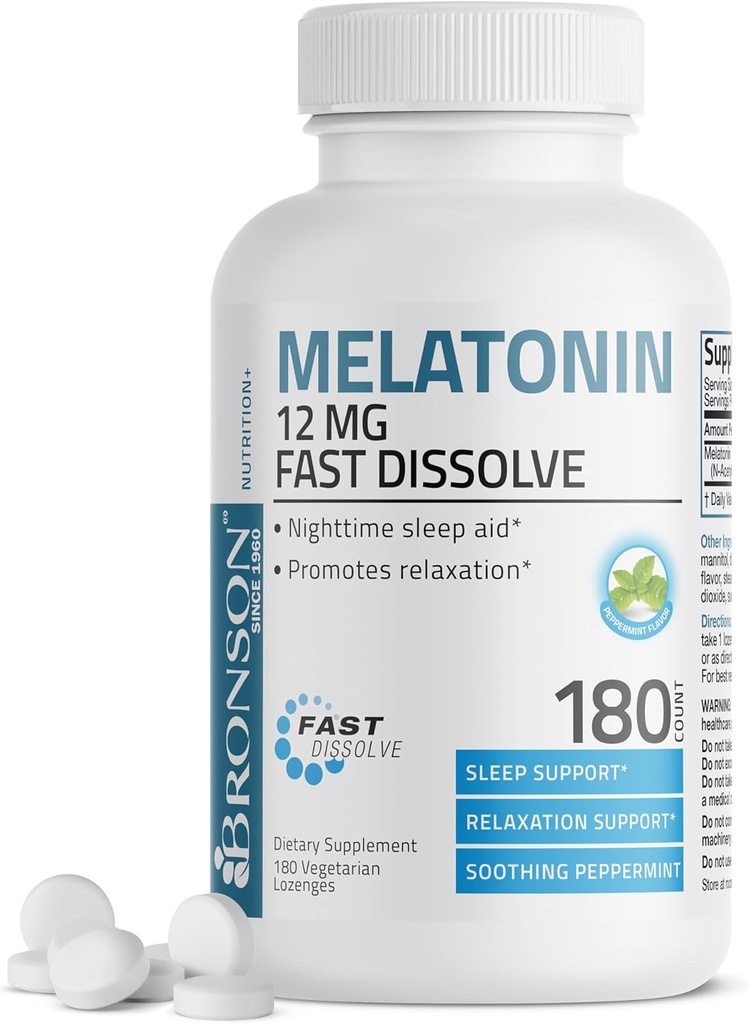 Bronson Melatonin 12mg Rapide Dissolve Nighttime Sleep Aid Support & Relaxation Support, 180 Lozenges végétariennes menthe poivrée