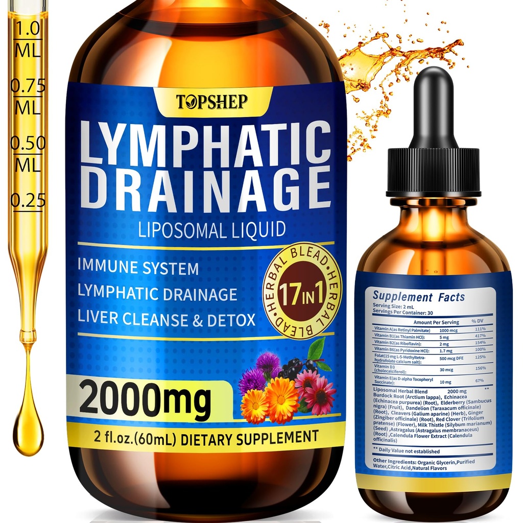Liposomal Lymphatic Drainage Drops 2000mg - 17-in-1 Lymphatic Support & Liver Cleanse Detox with Milk Thistle, Dandelion, Elderberry, Echinacea & Full Vitamin Complex - Lymph System Support, 2 fl oz