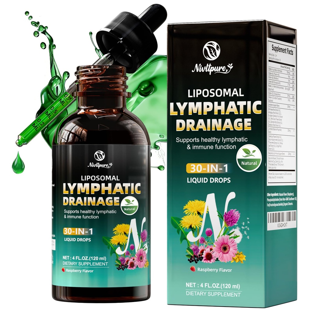 Liposomal Lymphatic Drainage Drops, 4 fl oz – 30-in-1 Lymphatic Drainage Supplements with Echinacea, Burdock Root & Milk Thistle – Supports Lymphatic System, Immune & Liver Health – Detox Support