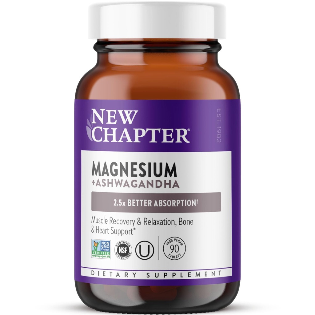 Nouveau chapitre Magnésium + supplément Ashwagandha, 325 mg avec du glycinate de magnésium pour la relaxation et la récupération musculaires, coeur, santé des nerfs et des os, 2,5X Absorption, non-OGM - 90 ct (3 mois d'approvisionnement)