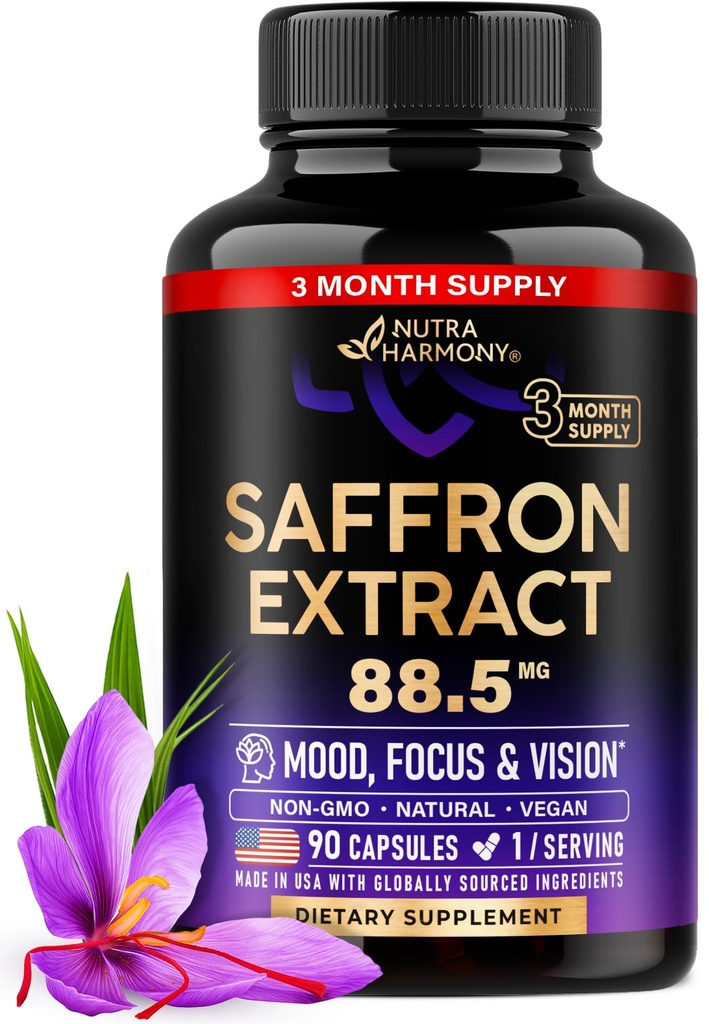 Suppléments naturels de safran - Extrait pur de safran 88,5 mg - Fabriqué aux États-Unis - Mood-Focalisation Vision- Soutien énergétique - Santé des yeux pour les femmes et les hommes - Pilules Vegan non OGM - 90 capsules en poudre, 3 mois d'approvisionnement