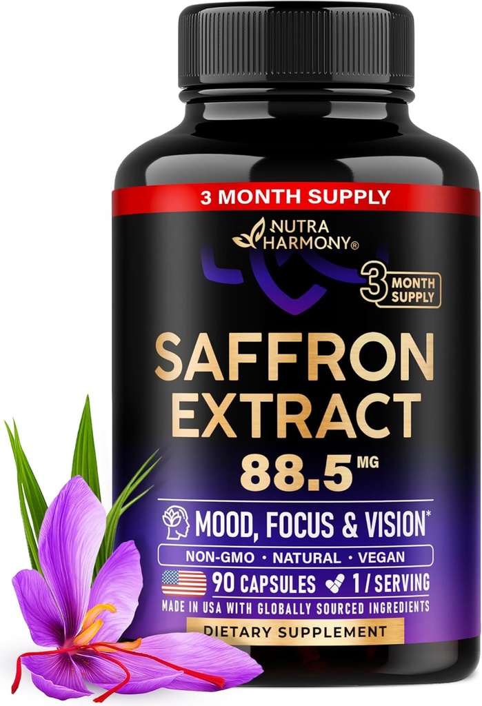 Suppléments naturels de safran - Extrait pur de safran 88,5 mg - Fabriqué aux États-Unis - Mood-Focalisation Vision- Soutien énergétique - Santé des yeux pour les femmes et les hommes - Pilules Vegan non OGM - 90 capsules en poudre, 3 mois d'approvisionnement