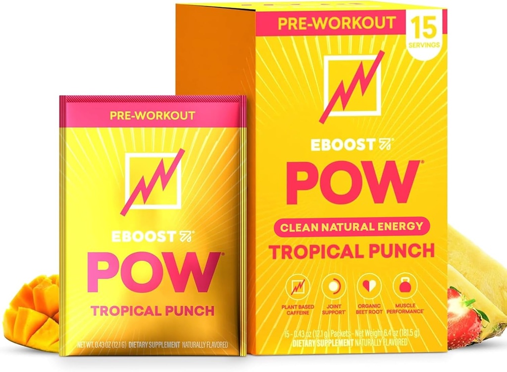 EBOOST POW Poudre pré-entraînement naturelle - 15 packets, Tropical Punch - Pré-entraînement Energy Booster Gym Supplément boisson mélange pour les hommes et les femmes - Performance, Joint Mobility Support - Sans gluten