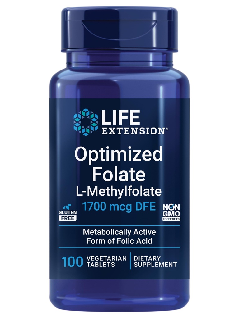 Prolongation de vie Folate optimisé – L-méthylfolate – Soutien du cœur et du cerveau, Niveaux homocysténiques sains – Non-OGM, sans gluten, végétarien – 1700 mcg DFE, 100 comprimés végétariens