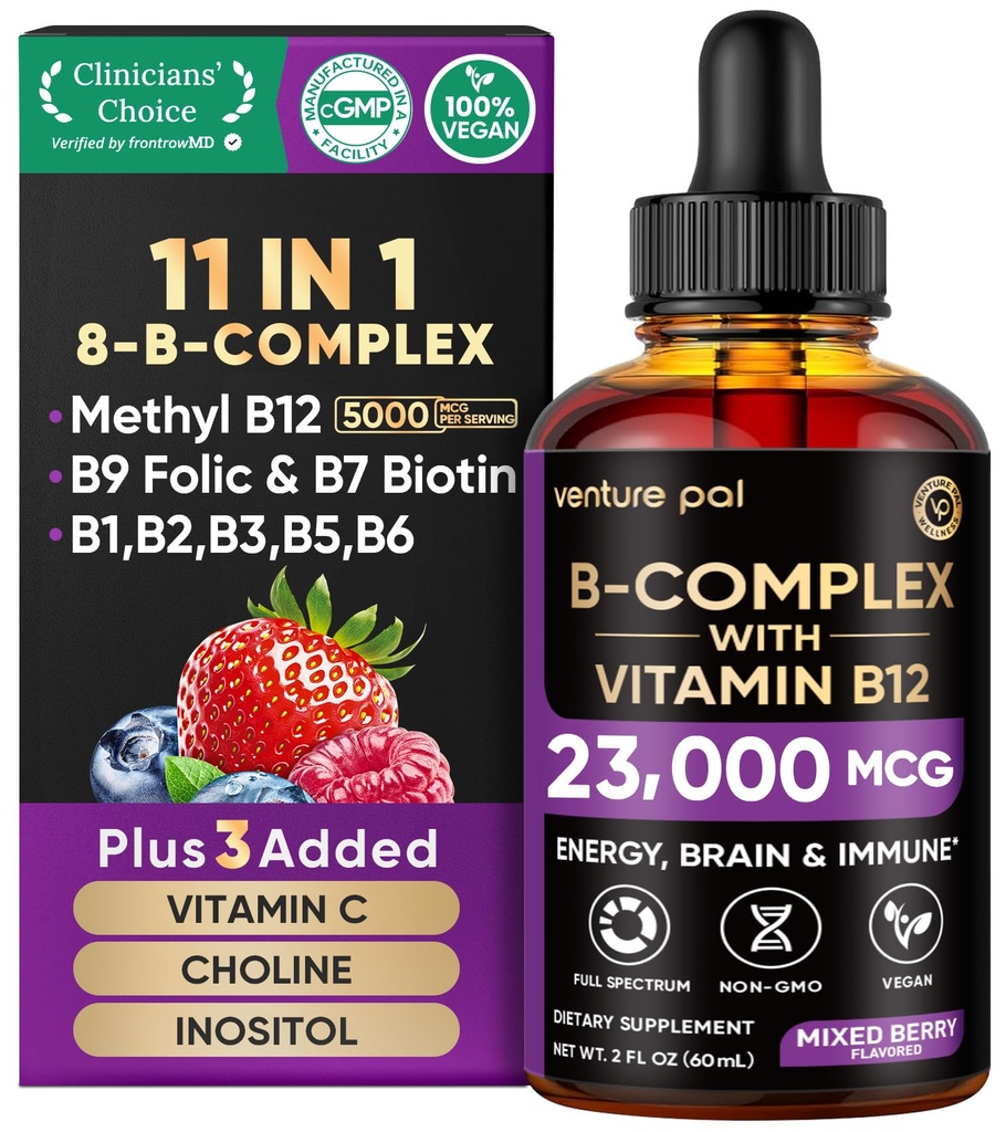 Venture Pal Vitamine B gouttes liquides complexes, B12 méthylcobalamine.B9 Folic.B1,B2,B3,B5,B6,B16 - Vitamine C, Choline, Inositol, Immune et énergie Métabolisme, Cerveau et soutien cardiaque