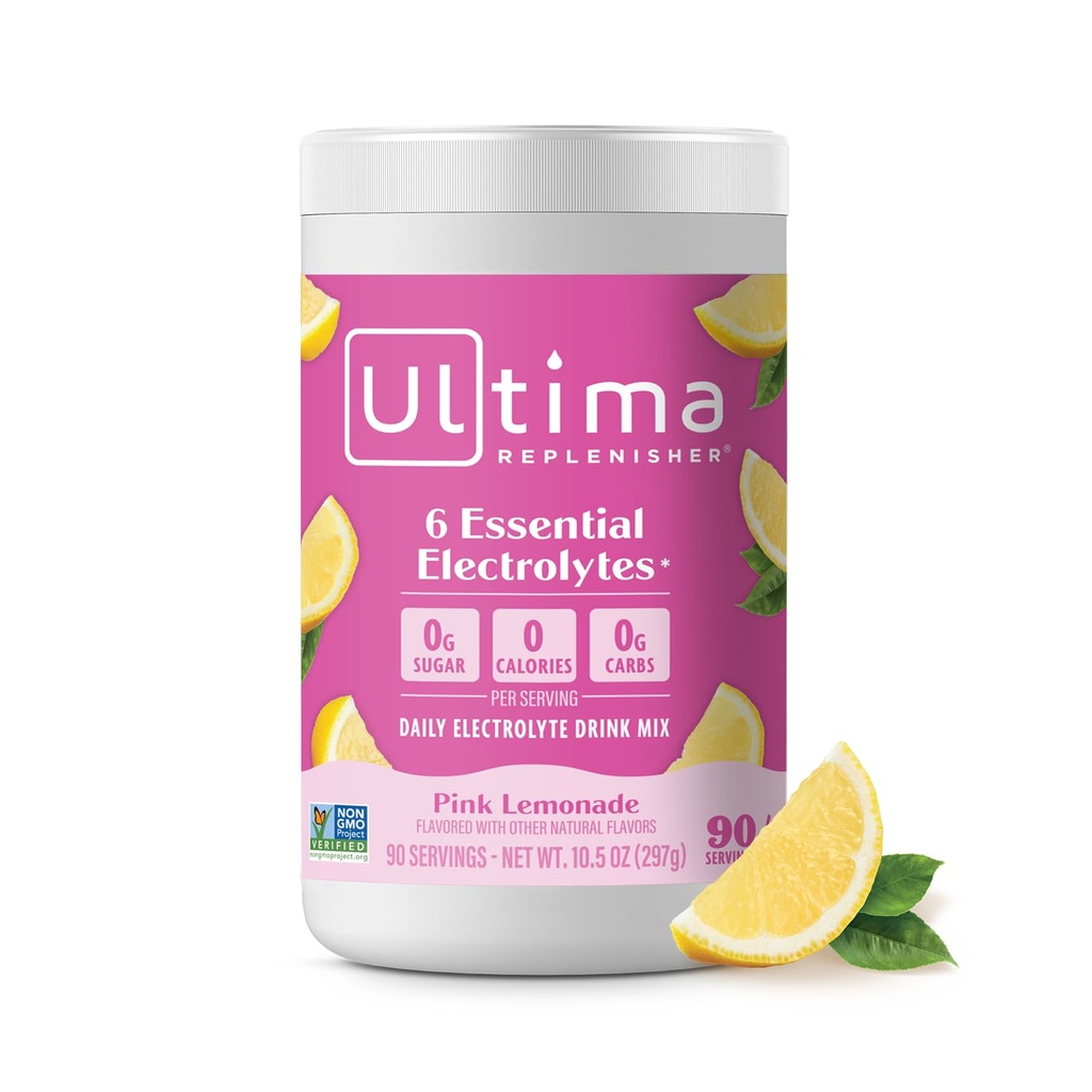 Ultima Replenisher Mélange quotidien de poudre d'électrolyte – Sans sucre – Cimonade rose, 90 portions – Poudre d'hydratation avec 6 électrolytes clés et minéraux traces – Keto Friendly, Vegan, Non-OGM