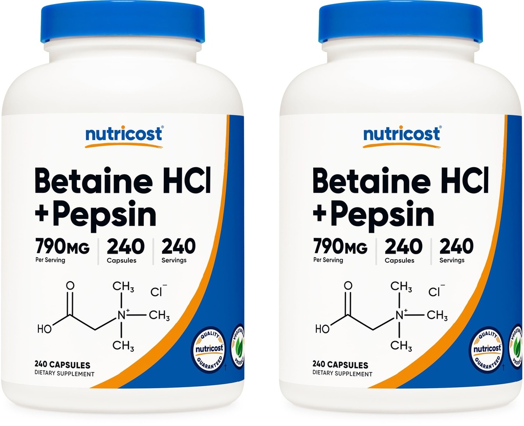 Nutricost Betaine HCl + Pepsin 790mg, 240 Capsules, 2 Bouteilles (480 Capsules)