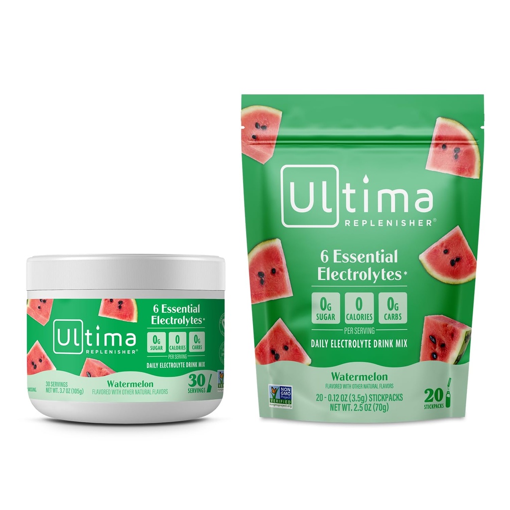 Ultima Replenisher Electrolyte Powder Drink Mix Bundle – Sugar Free – Watermelon, 30 Serving Canister and 20 Stickpacks – 6 Electrolytes and Minerals – Keto Friendly, Vegan, Non-GMO
