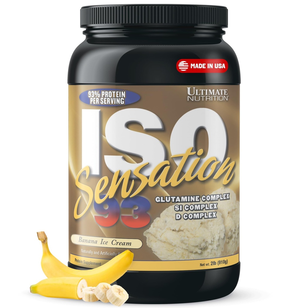 Nutrition Ultime Poudre Isolée de Protéines de Whey avec Complexe Glutamine, ISO Sensation 93 - Poudre de Protéines de Whey avec le colostrum ajouté pour une récupération améliorée, l'immunité et la santé de Gut - Banane, 2lbs