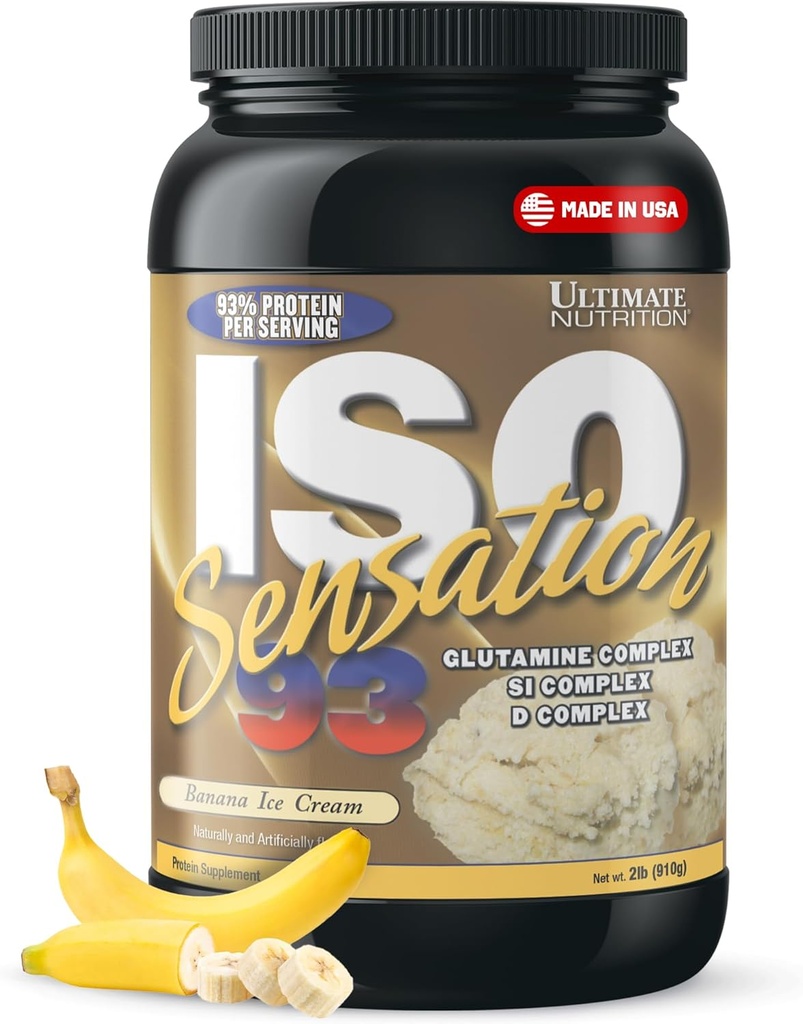 Nutrition Ultime Poudre Isolée de Protéines de Whey avec Complexe Glutamine, ISO Sensation 93 - Poudre de Protéines de Whey avec le colostrum ajouté pour une récupération améliorée, l'immunité et la santé de Gut - Banane, 2lbs