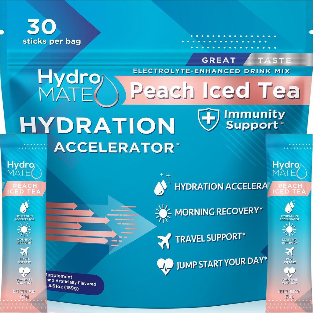 HydroMATE Electrolyte Powder Peach Tea Hydration Packets Low Sugar 30 Count