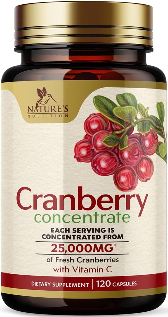 Pilules de canneberge Supplément 25 000mg - Équivalent de canneberge frais avec vitamine C et E - Urinary Tract Health Support, formule sans sucre, extrait de poudre de fruits - Non-OGM, mis en bouteille aux États-Unis - 120 Capsules