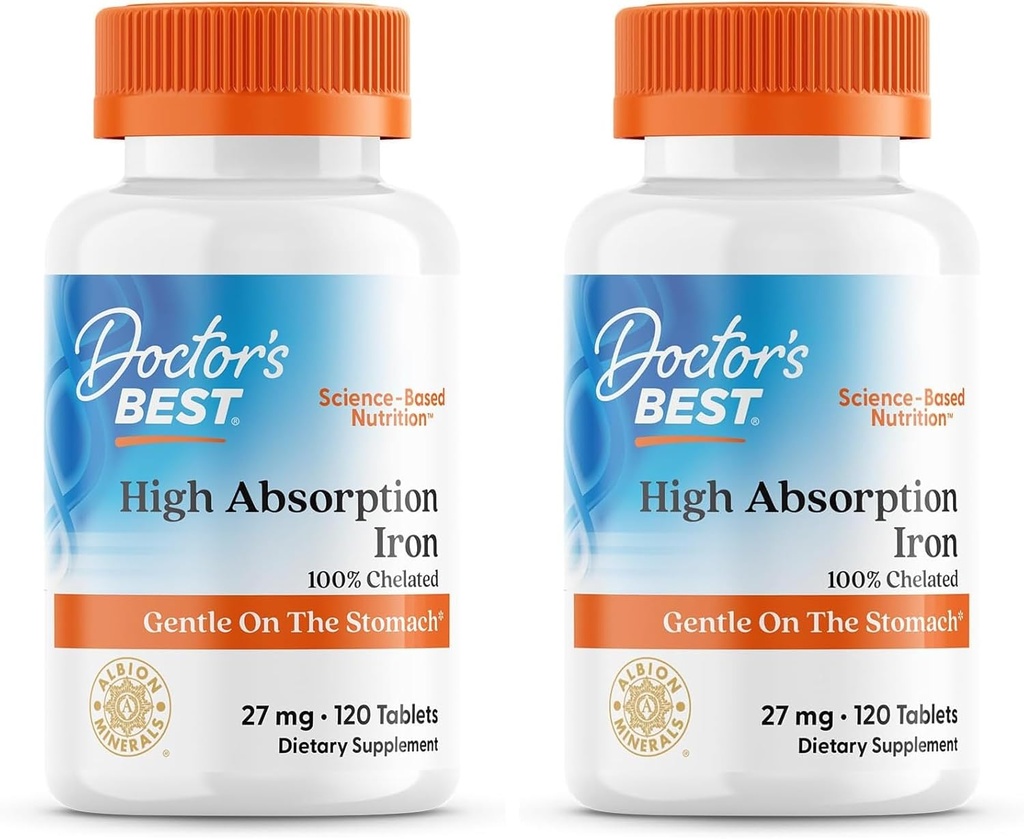 Comprimé de fer à haute absorption avec Ferrochel, doux sur l'estomac, santé immunitaire, santé du sang, 27 mg (paquet de 2)