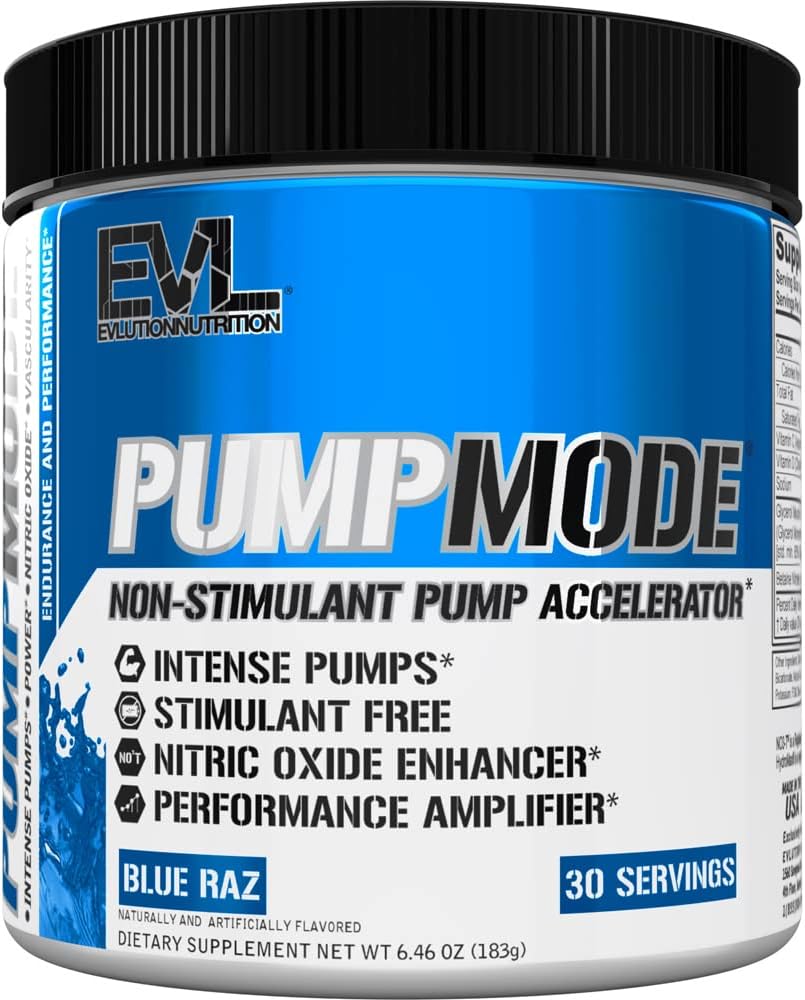 Supplément à oxyde nitrique EVL PumpMode - Poudre de pré-entraînement de pompe à oxyde nitrique avec glycérol et bêtaine pour la récupération musculaire Croissance et Endurance - Stim Free Pre Workout Drink (Blue Raz)