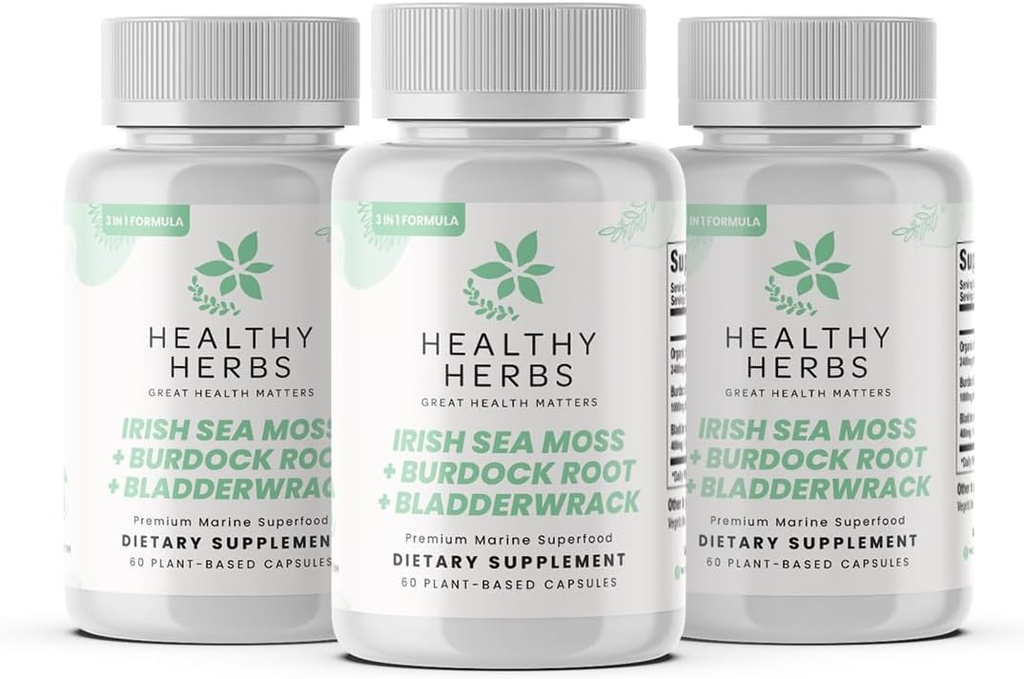 Healthy Herbs Wildcrafted Sea Moss Capsules | 2280mg Advanced Ocean Greens Complex Irish Sea Moss Superblend | US-Made, Vegan, Non-GMO, Easy-Swallow (3-Pack)